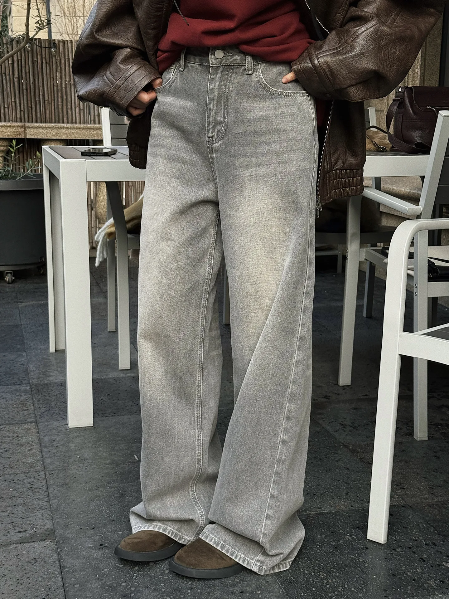 Eenvoudige en modieuze vintage gelaagde gewassen jeans met rechte pijpen en losse silhouet lange broek voor dames