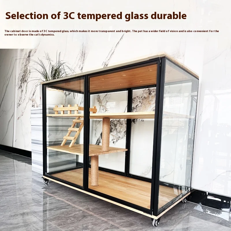 Luxury Panoramic Cat Cabinet Transparent Solid Wood Aluminum Alloy Button Wholesale Pet House Cats Dogs Luxury Cat Cage Dog