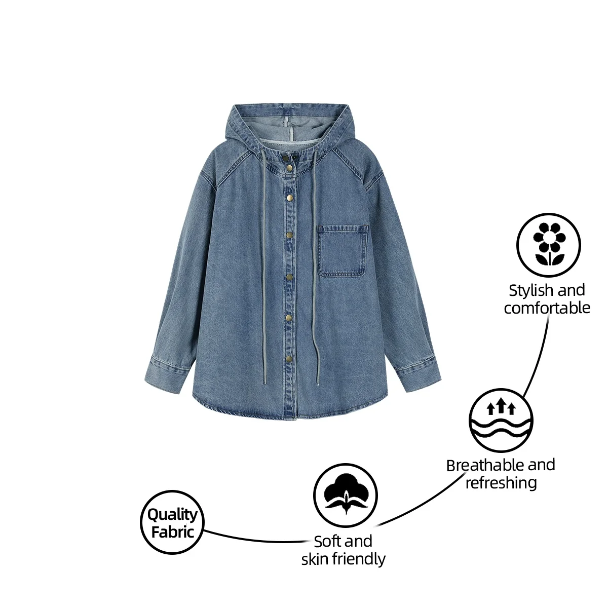 سترة نسائية لخريف 2025 مع قلنسوة من قماش الدنيم معطف كبير الحجم مغسول سترة طويلة مع رباط عتيق فضفاض مناسب