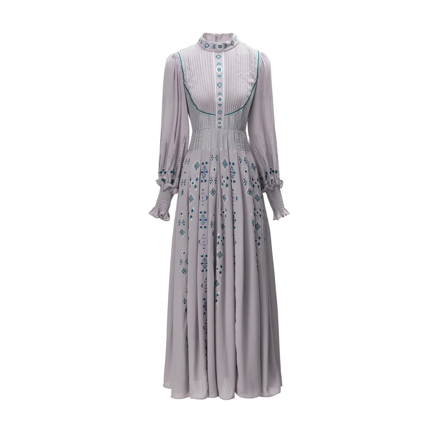 

Europe and the United States women's 2024 summer new Stand collar Lantern sleeve long sleeve embroidery fashion Pleated dress