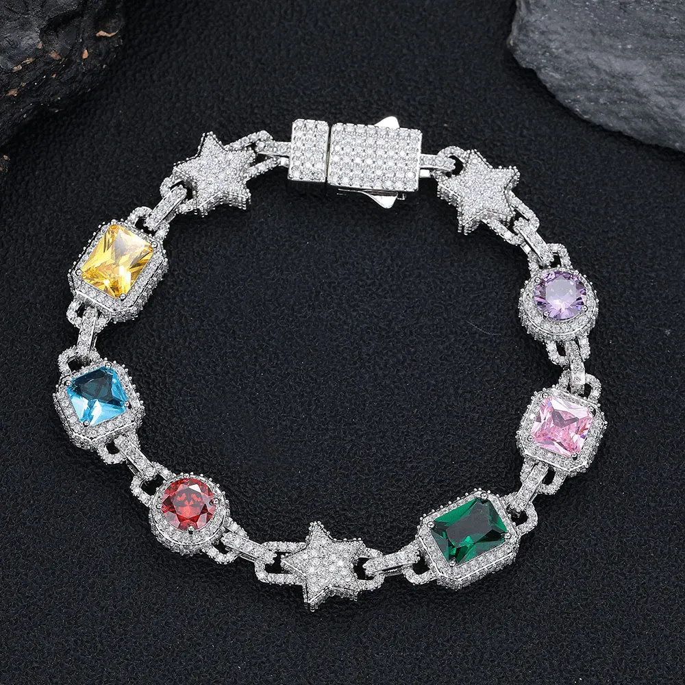 Men Hip Hop Necklace Geometric Star Chain Copper Zircon Multi Color Gemstone Luxury Streetwear Jewelry 2026 Fashion Accessories