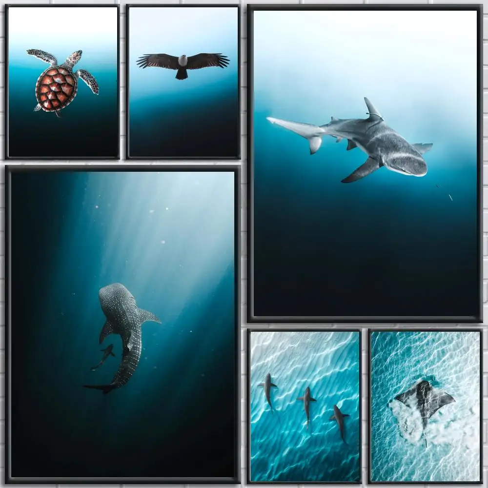 Blue Ocean Eagles Shark Angle Painting Calligraphy Wall Art Poster Stickers For bedroom  Painting Decoration Home Wall Decor