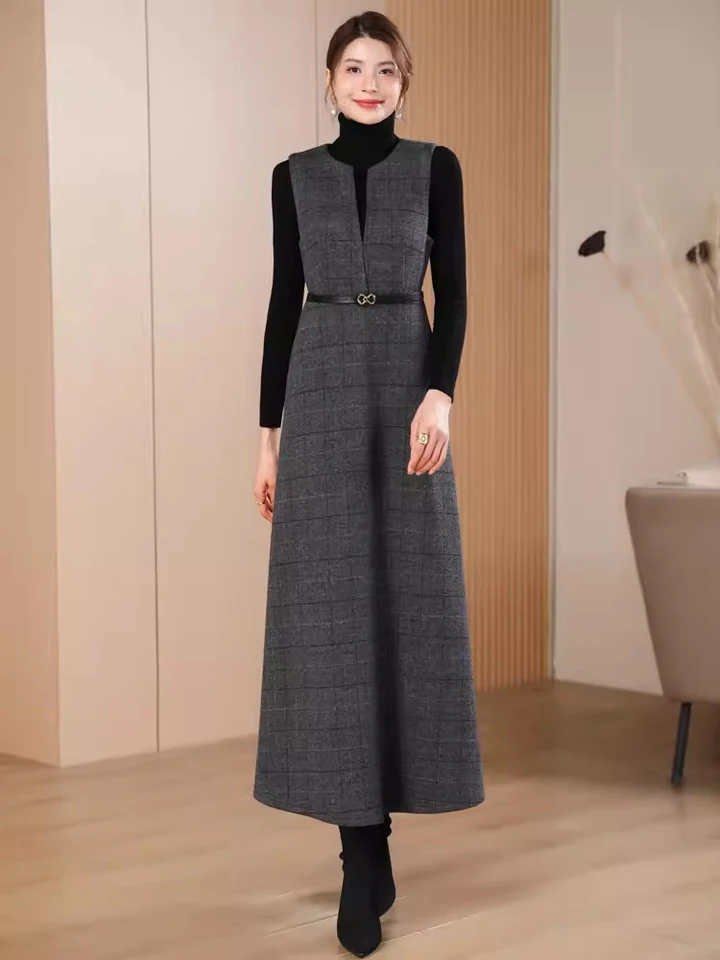 New Women Wool Blends Long Dress Autumn Winter Fashion O-Neck Sleeveless Gray Plaid Woolen Dress Simplicity Classic Slim Dress