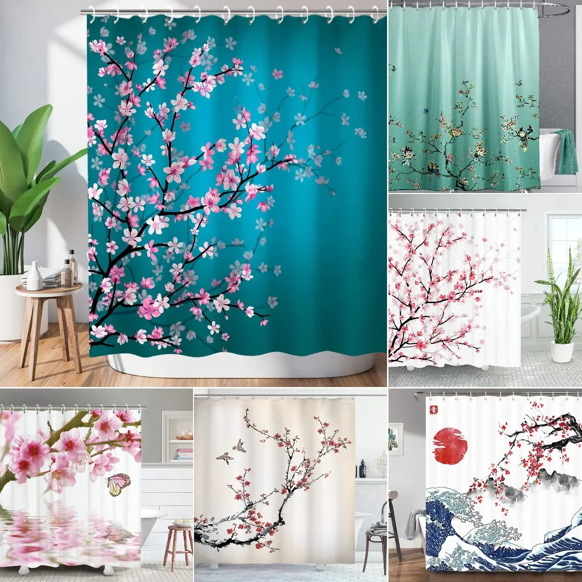 

Oriental Blossom Shower Curtain Elegant Vibrant Cherry Blossom Art Drape Luxury Bathroom Home Decor Case