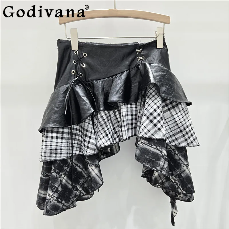 

American Autumn Winter Retro Plaid Irregular Splicing PU Leather Skirt Fashion Girl Age Reduction Heavy Industry Sexy Skirts