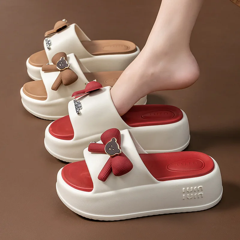 New fashion brand bear slippers women's thick sole mules clogs home slides shoes woman outdoor bow slippers platform scuff shoes