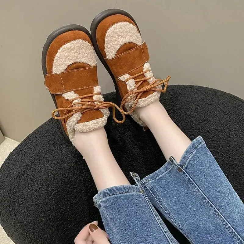 Winter Short Plush Flats Cotton Boots Lace-up Casual Trend Shoes 2024 New Fashion Warm Comfortable shoes Female Mujer