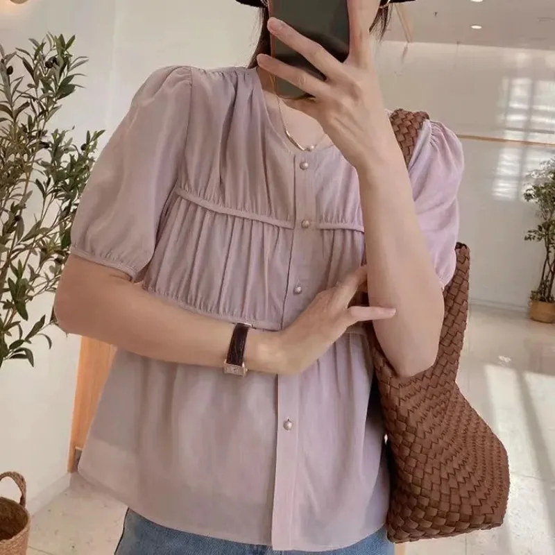 

Women Puff Sleeve V Neck Pleated Button Up Shirt Casual Blouse