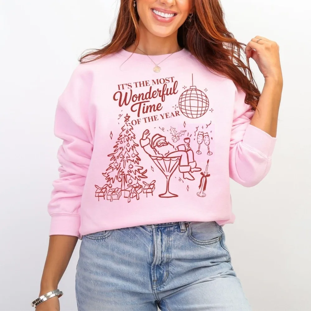 

Funny Christmas Men Women Sweatshirts Sweater Martini Glass Santa Instant Holiday Most Wonderful Time The Year Women Hoodie