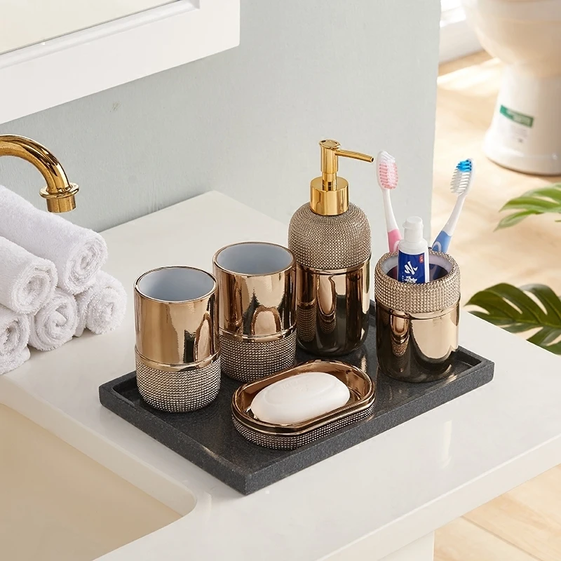 

Nordic Bathroom Set Five-piece Luxury Gold-plated Toothbrush Holder Mouthwash Cup Bathroom Accessories Set Bathroom Accessories