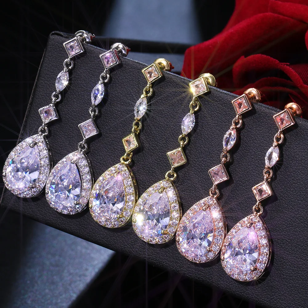 Floralbride INS Style CZ Crystal AAA Grade Fashion Waterdrop Women Girls Cubic Zircon Earrings Bridal Wedding Dangle Earrings