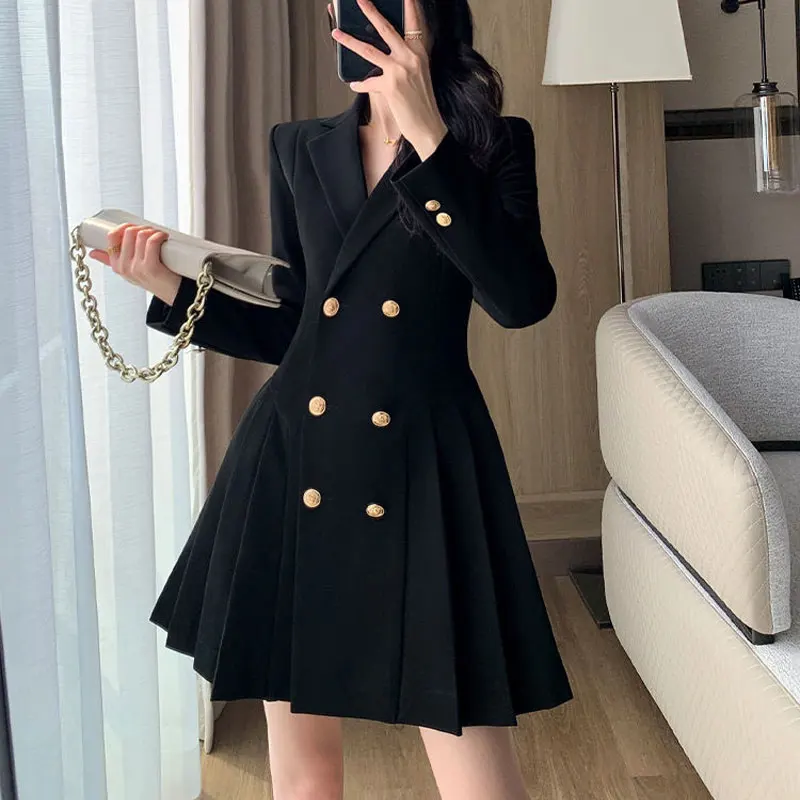 Female Clothing Tailored Collar Mini Dress Commute 2023 Spring Autumn Double Breasted Basic Solid Color Stylish Pleated Dresses