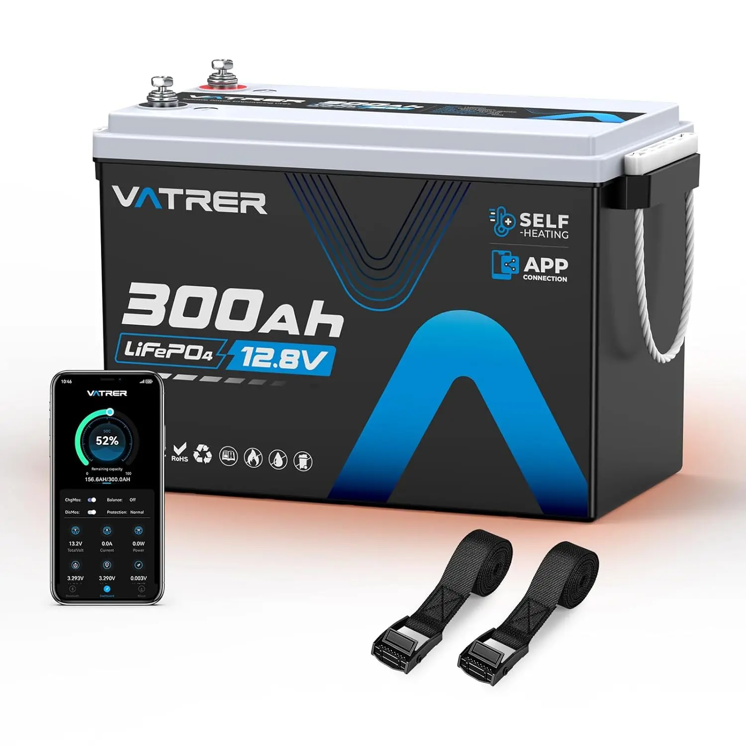 

12.8V 300Ah Self-Heating LiFePO4 Lithium Battery with APP Monitoring, Built-in 200A BMS, Rechargeable 3840Wh Energy, Custom