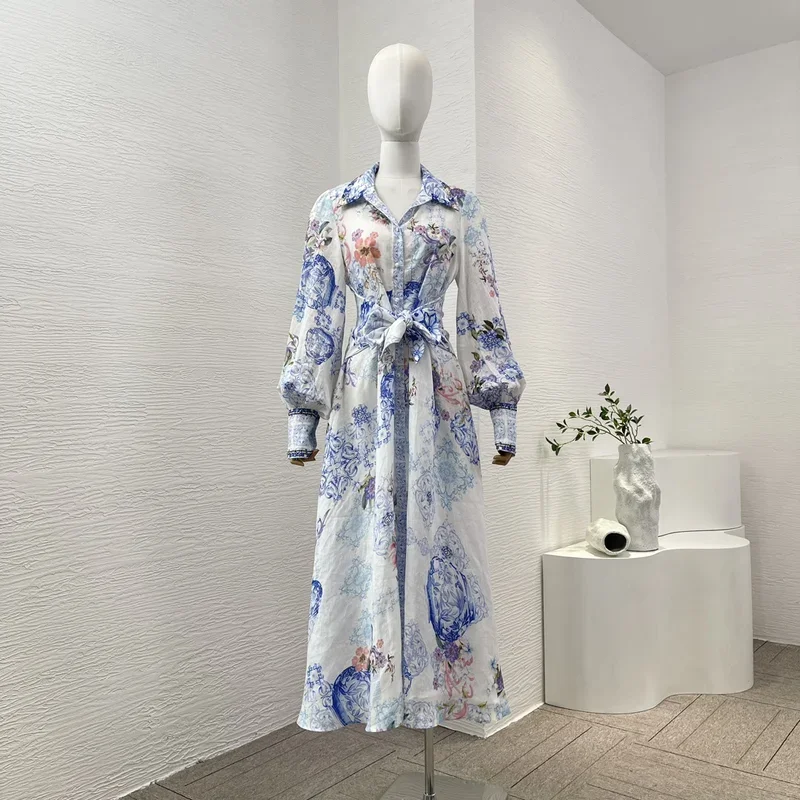 Linen Self Tie Bow 2024 Latest Collection Blue Floral Print Vintage Long Sleeve Diamonds Shirred Women Graceful Midi Dress