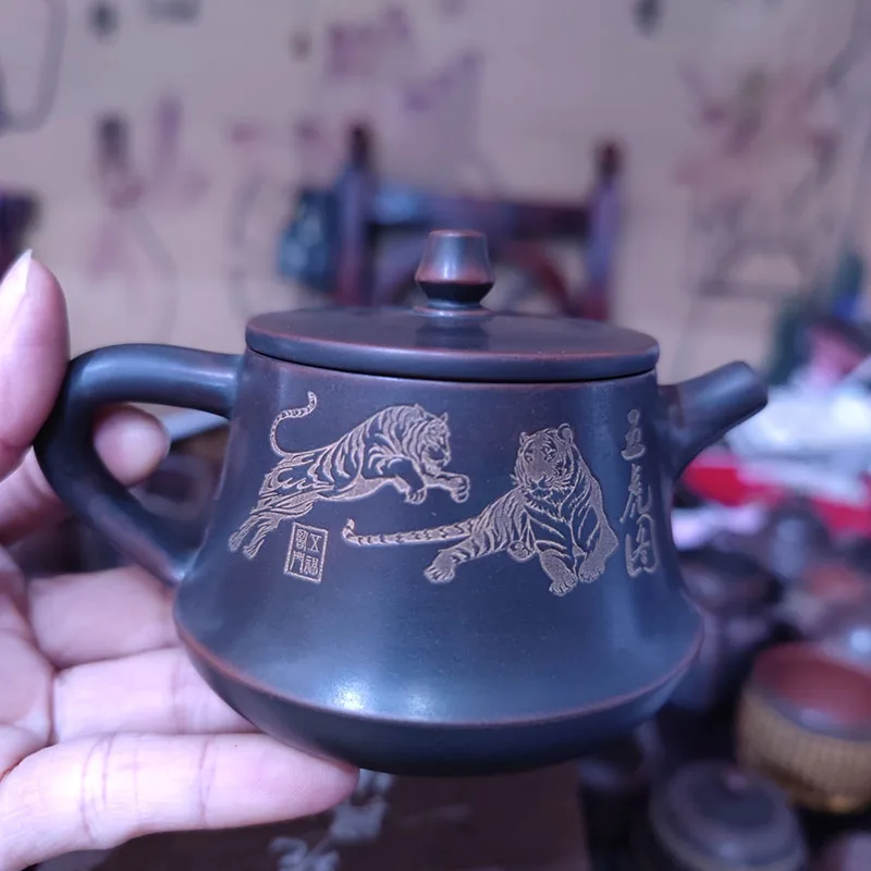 Hand Carving Qinzhou Nixing Pottery ZhuChu Teapots  with Five Tiger on Nixing Ceramic Teapot 210cc-220cc for Puer Tea Liupao Tea