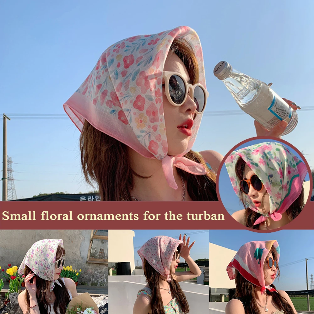 

55*55cm Floral Square Hair Scarf Cotton Linen Headscarf Bandana Small Shawls Girls Spring Travel Decorative Headband Ins