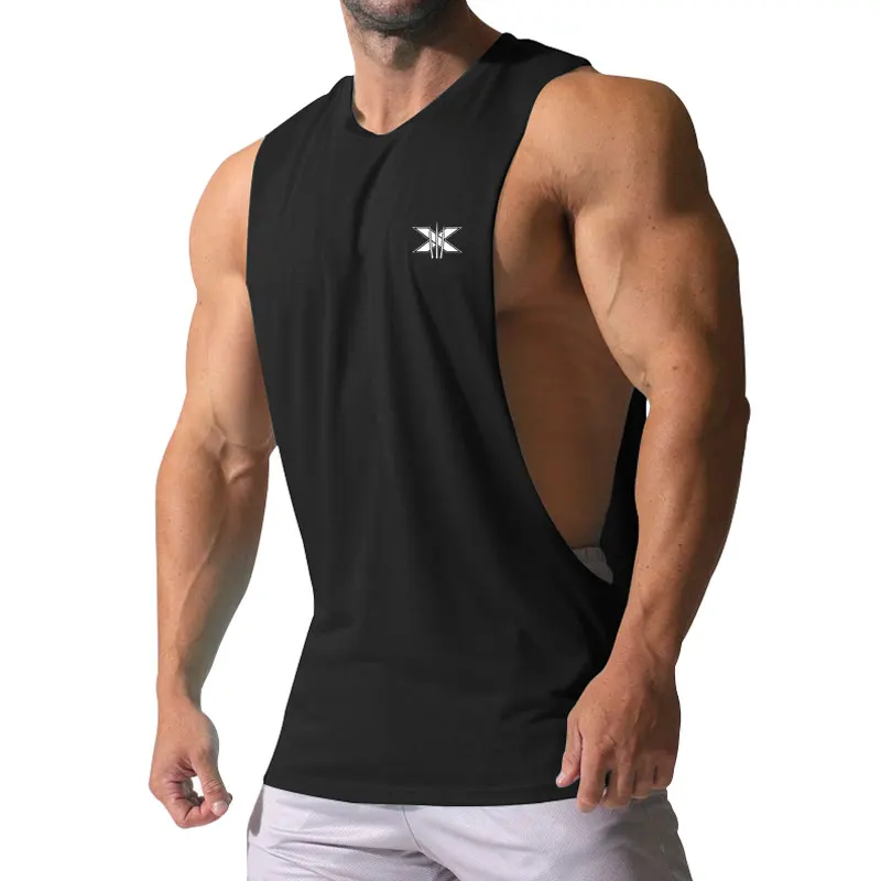 Men's Black Low Armhole Gym Tank Top Casual Sleeveless Workout Vest With Small Logo Breathable Bodybuilding Muscle Shirt