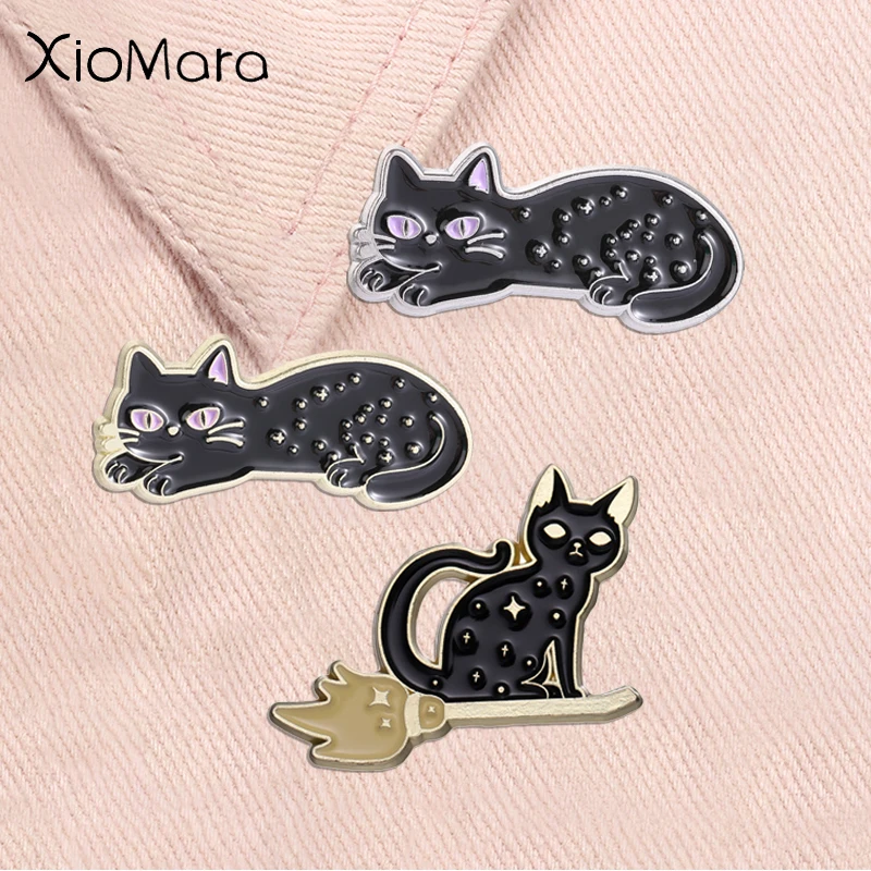 Witch Magic Black Cat Enamel Pin Cartoon Mystical Celestial Star Kitten Animal Brooches Lapel  Badge Fashion Jewelry Gifts