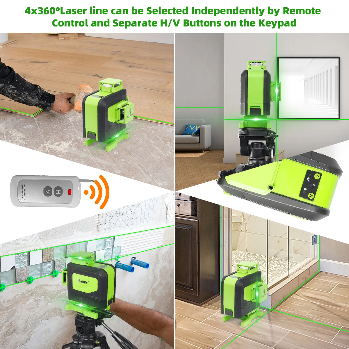 Huepar 4D Cross Line Laser Level Set 16 lines Remote Control Green Beam With Laser Receiver Tripod Rangefinder For Tiles Floor