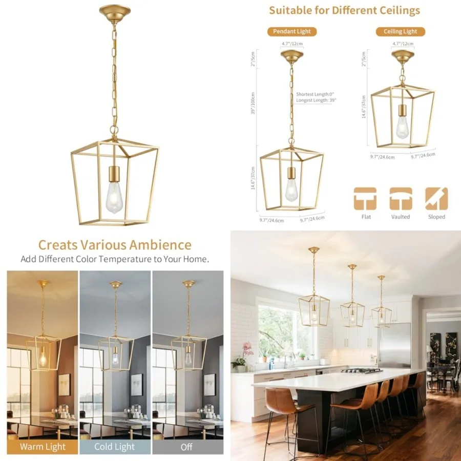 Lantern Pendant Light Lantern Iron Cage 1 E26 Bulbs Gold Chandelier for Dining Room Kitchen Bulbs Not Included