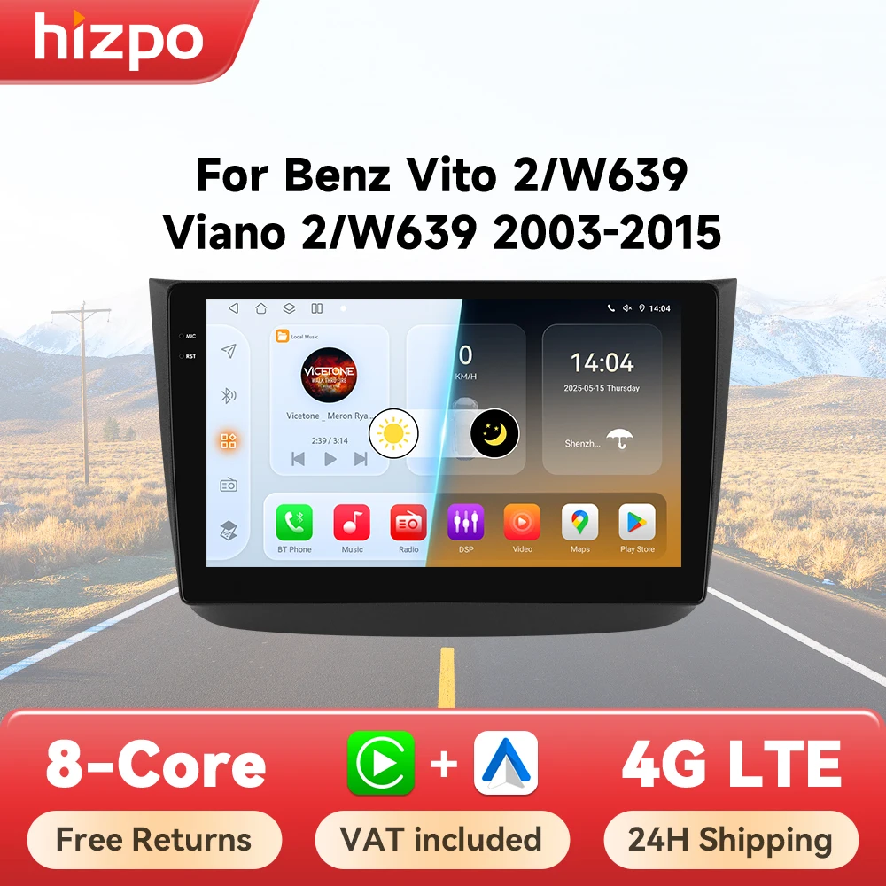 Hizpo 10.1 "Radio Android per Mercedes-Benz Vito 2 W639 Viano 2 W639 2003 - 2015 Lettore multimediale per auto Navigazione stereo GPS BT
