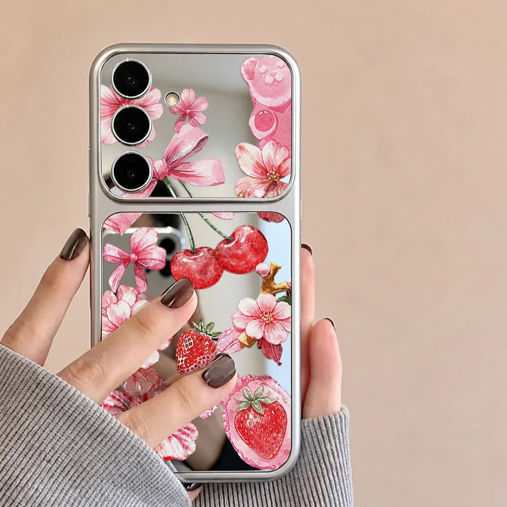Pink Cherry Blossom Flowers Make up Mirror Phone Case For Samsung S26 Ultra S23 S24 S25 FE A57 A56 5G A55 A54 A37 A17 Case Cover - view 4