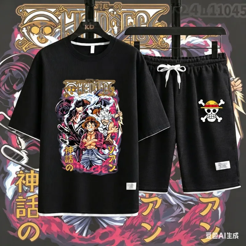 Conjunto de Ropa Infantil de One Piece, Chopper y Luffy, Traje Deportivo de Verano para Niños, Conjunto de Ropa de Manga Corta, Camiseta y Pantalones Cortos de Anime para Niños y Niñas, 2 Piezas