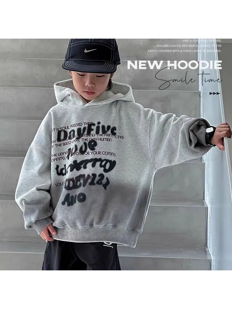 

Children's Grey Sweater Autumn New Casual Letter Print Hooded Top 2025 Boys Loose Gradual Change Jumper