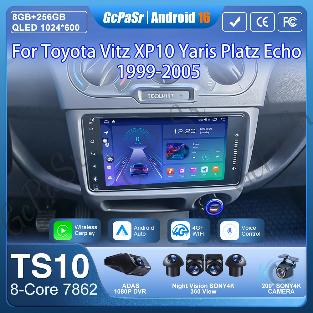 Car Radio Carplay For Toyota Vitz XP10 Yaris Platz Echo 1999-2005 Navigation GPS Android 15 Android Auto Video Wifi Unit No 2din