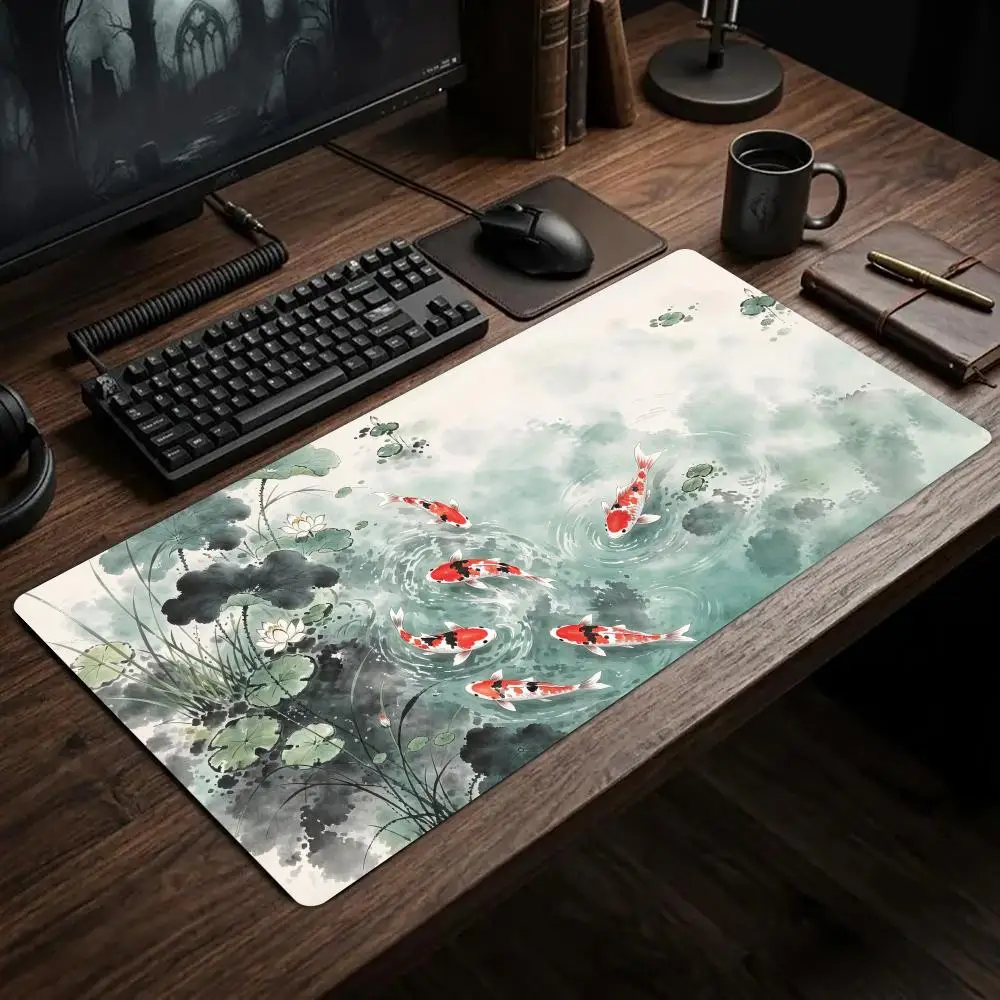 Ink Wash Lotus Pond Koi Mouse Pad Xxl Office Carpet Table Mat Deskpad Gaming Rug Keyboard Pad Set Up Desk Decorating Pc Decor