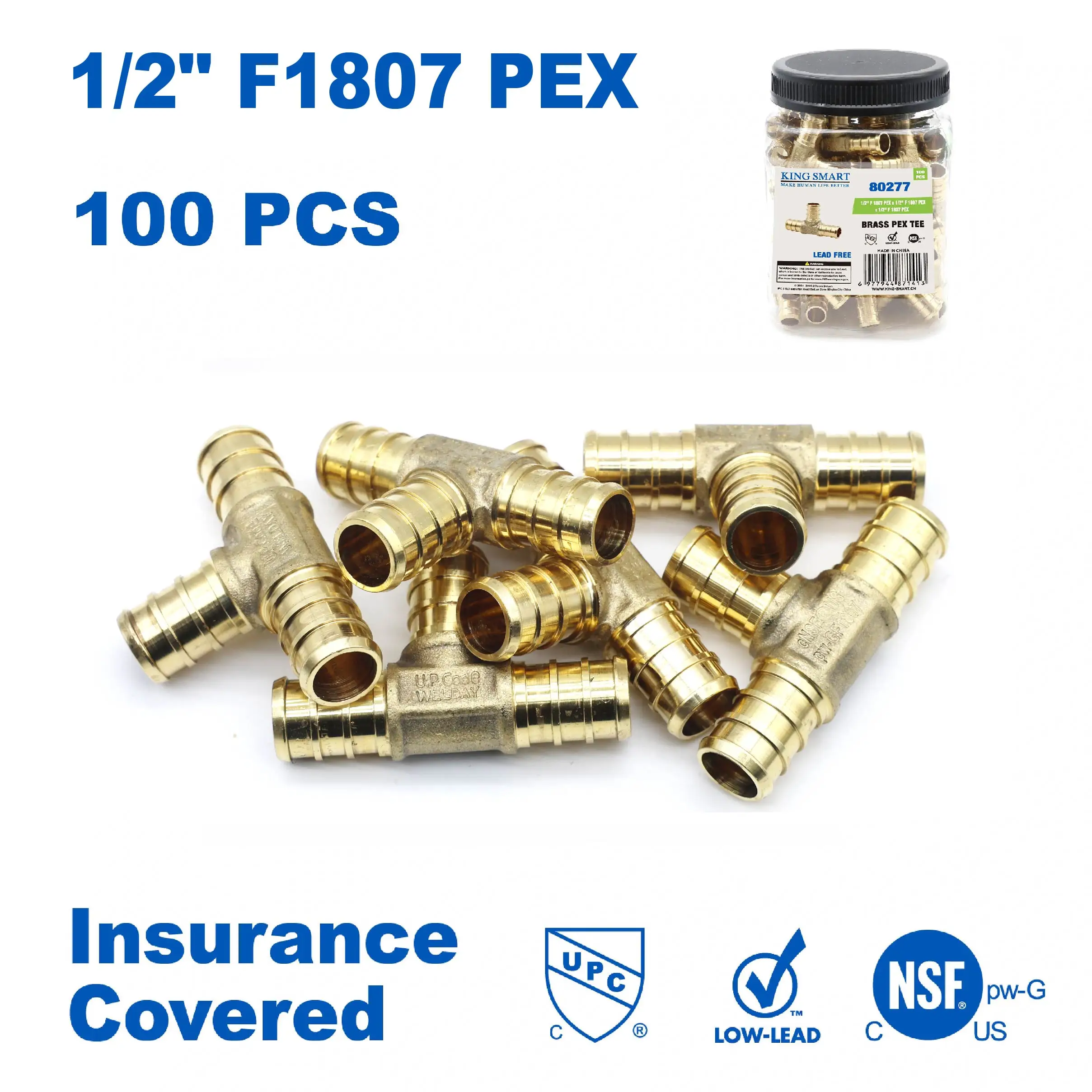 

Тройник KING SMART Crimp/PEX B 1/2" для труб PEX B/C PERT; из бессвинцовой латуни; 100 шт./упаковка; 80277