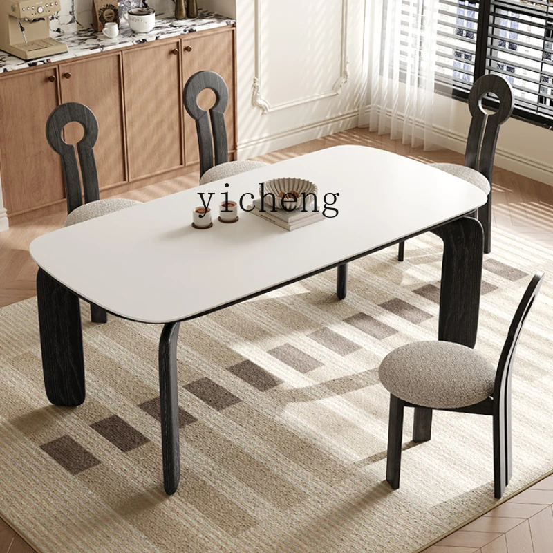 HT  French rectangular rock slab dining table and chairs solid wood simple modern small apartment household dining table