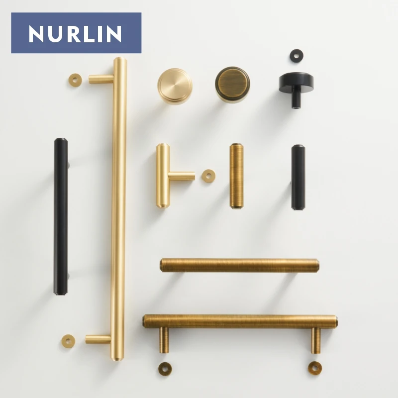 Nurlin Solid Brass Plain kitchen Cabinet Knob Matte Black Antique Brass T-bar Wardrobe Cabinet Drawer Door Handle Pull NEW