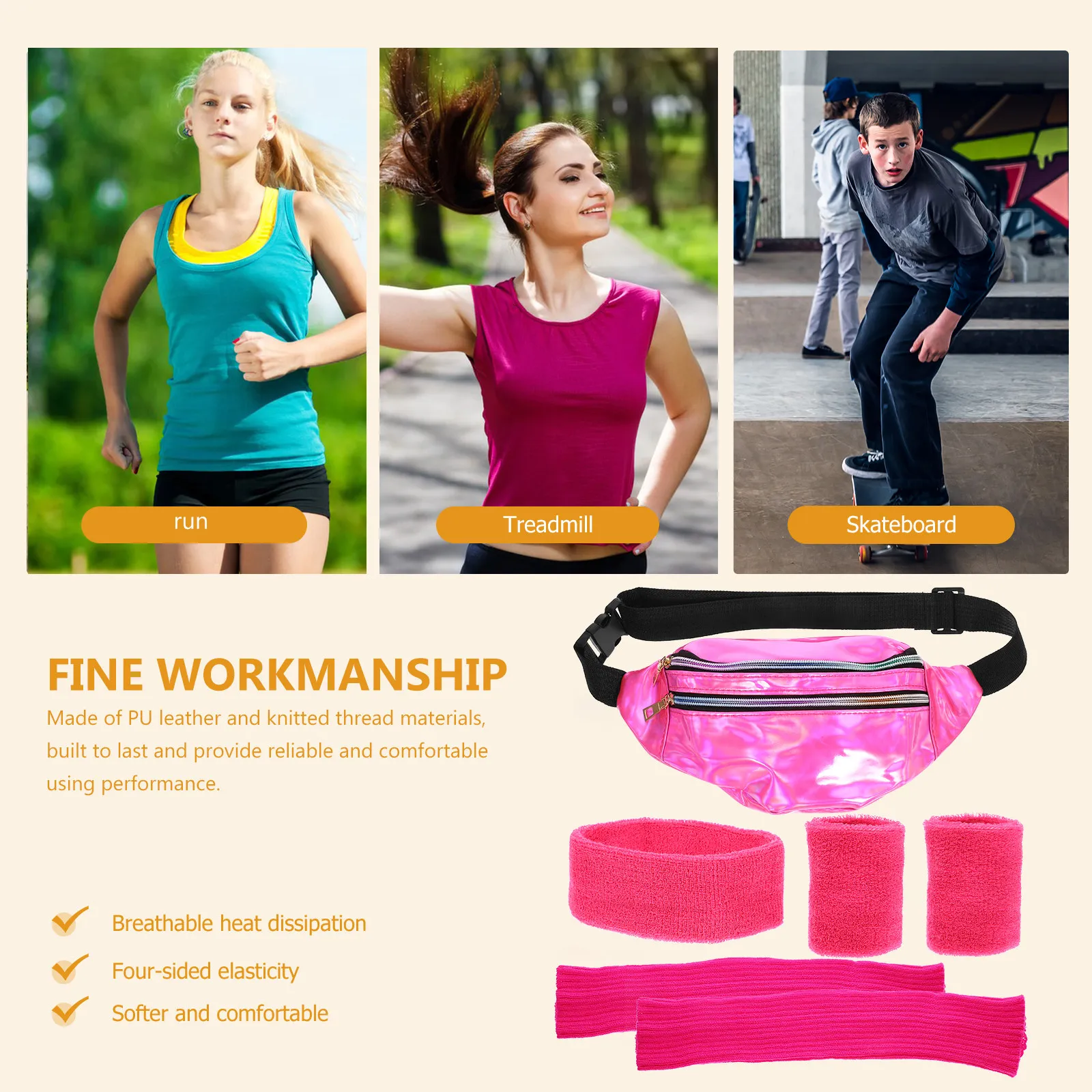 

1Set 80S Headband Wristband Leg Warmers Sports Accessories Neon Fanny Pack Waist Bag Retro Style for Running Hiking