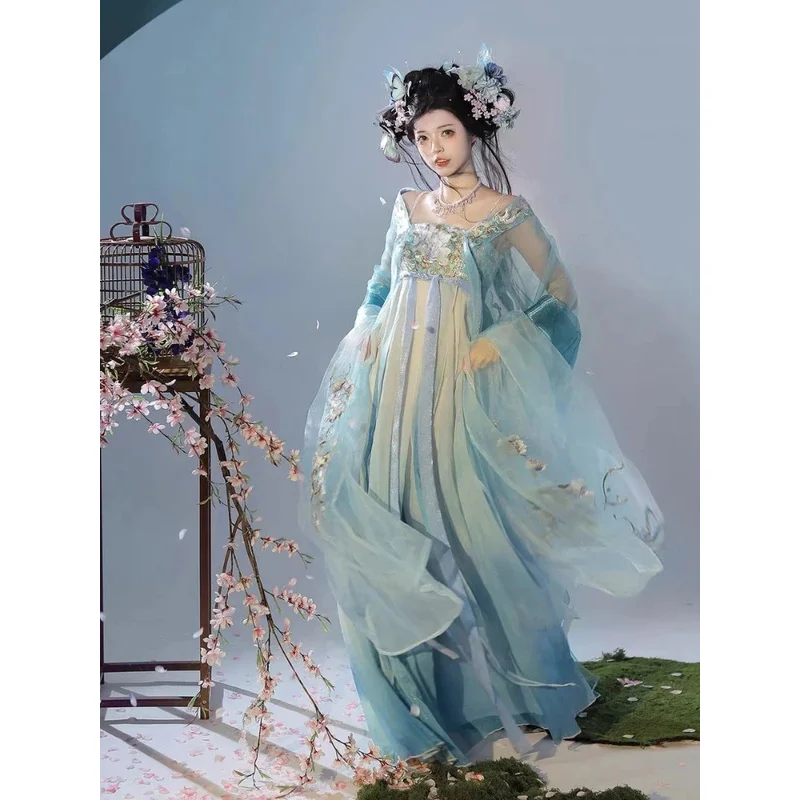 

Spring Summer Chinese Hanfu Women Traditional Hanfu Dance Fairy Costume Ancient Princess Delicate Embroidery Cosplay Dress Set