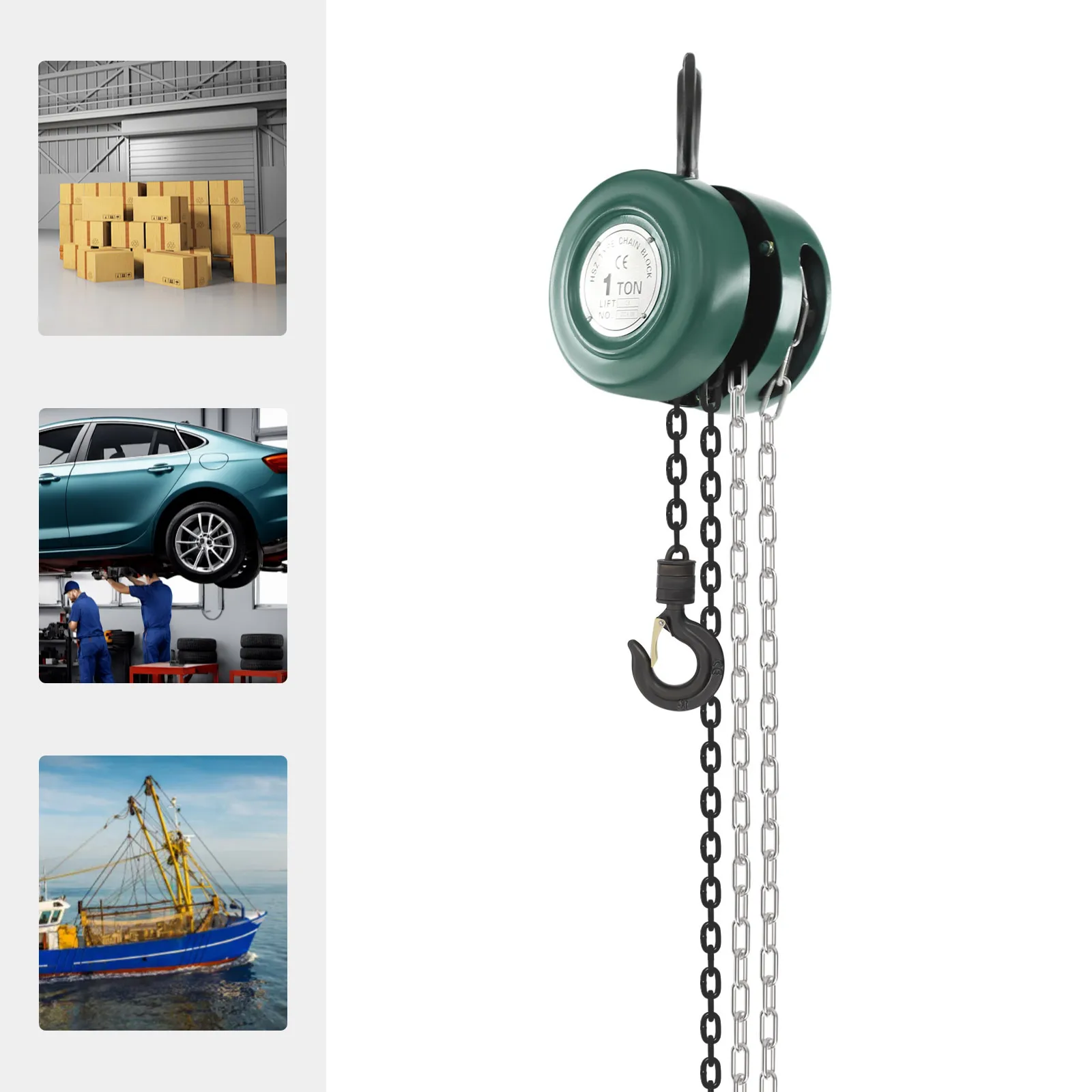 Palan manuel à chaîne 1T, hauteur de levage 3m, construction en acier, 360° °   Palan à chaîne portable avec frein mécanique et crochet rotatif pour le levage en usine et entrepôt