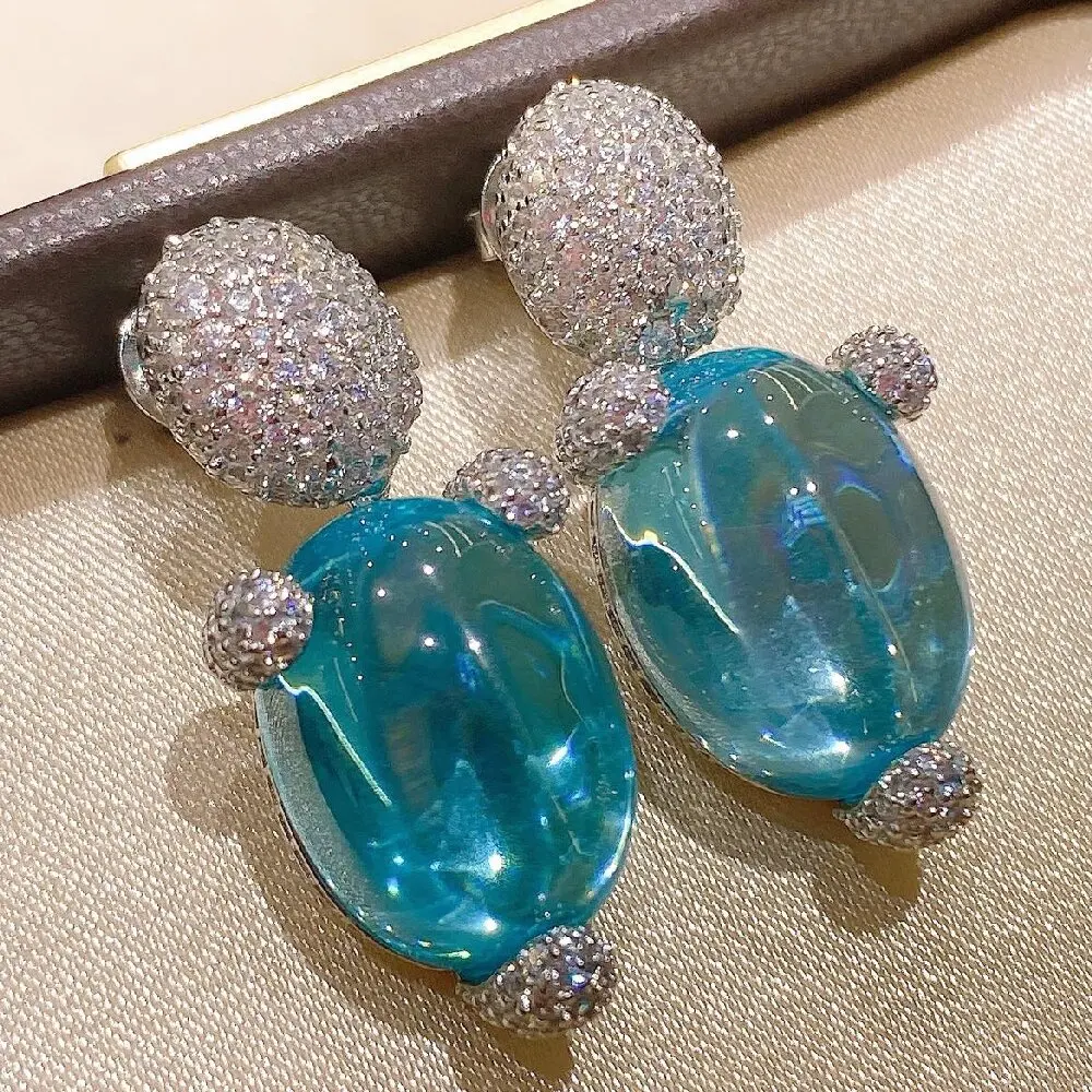 

KQDANCE 925 Sterling Silver Fashion Cubic Zirconia Blue Oval Drop Earrings for Women Fine Jewelry