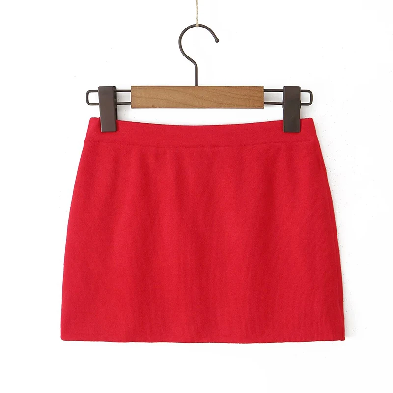 Autumn Women Sexy Package Hip Knit Mini Skirts American Retro Low Waist Red Skirt Black White Jupe