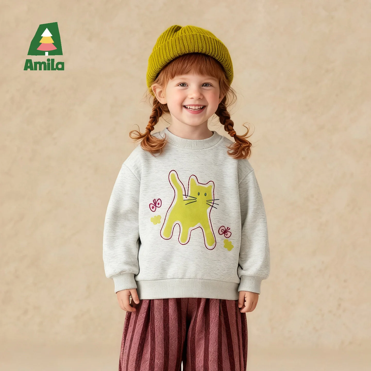 

Amila Kids' Winter Round Neck Hoodie With Animal Print Pattern Versatile Basic Soft Fleece Winter Inner