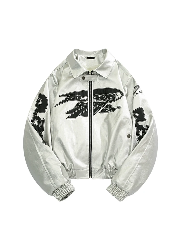 

Trendy Streetwear PU Leather Letter Embroidery Motorcycle Jaet Loose Fit Men's American Hip Hop Vintage Outerwear