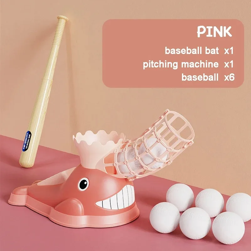 Kids Baseball Pitching Machine with bat Semi Automatic Baseball Set Batting Cartoon Baseball Ejection for Indoor outdoor Gift