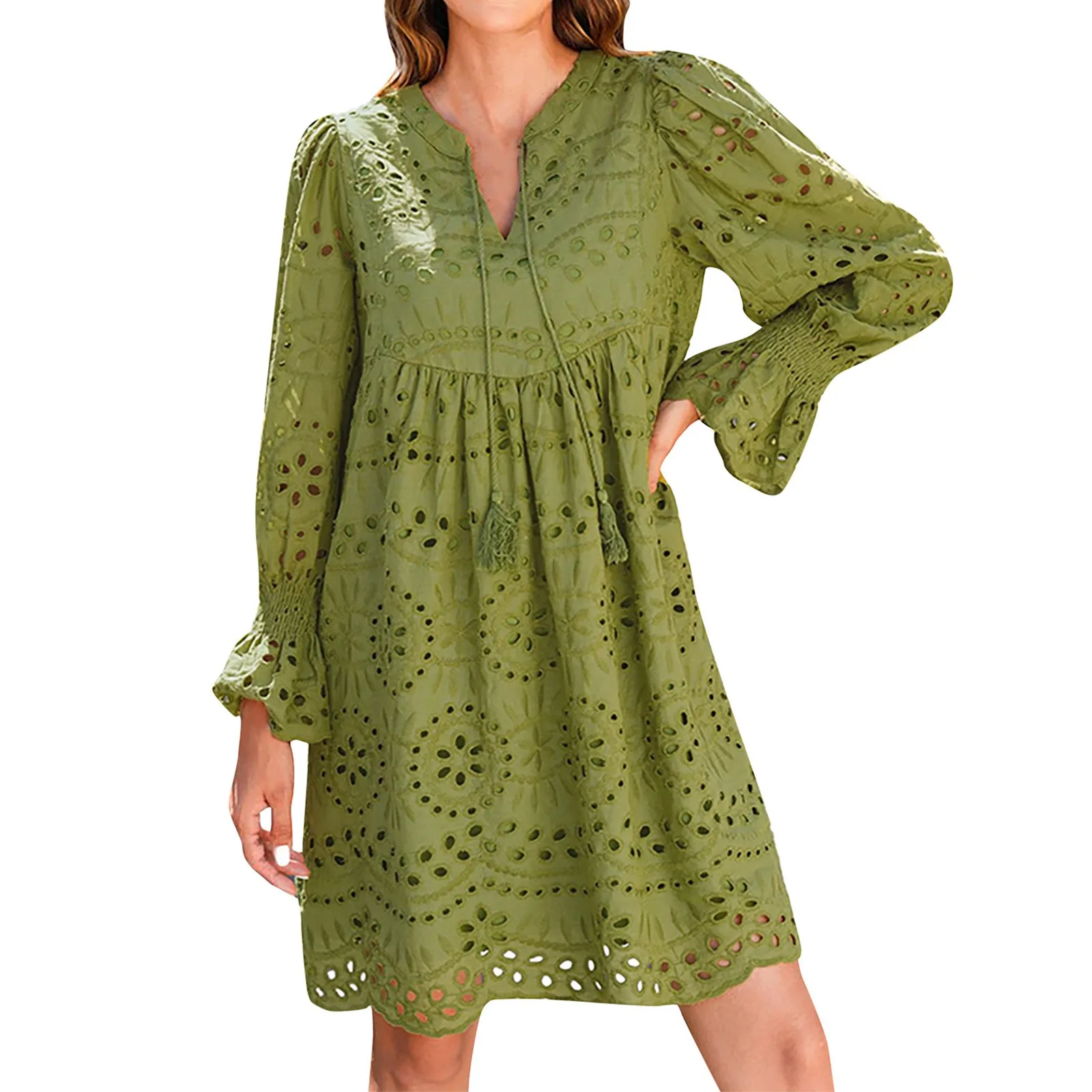 

Women's Spring And Summer Sexy Hollow Out Lace Long Sleeve V-neck Skirt Solid Color Breathable V-Neck Casual A-line Dresses