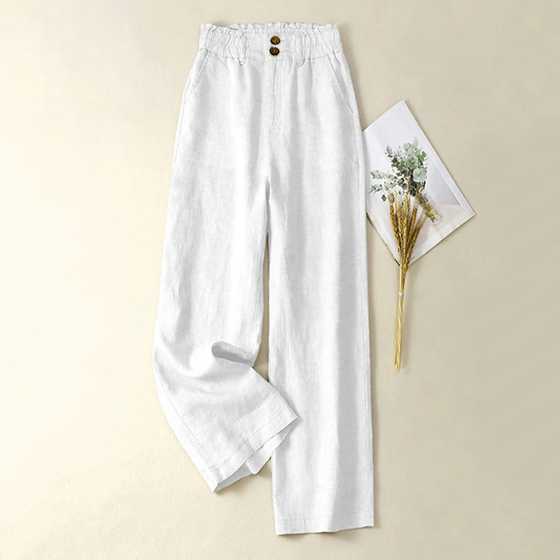 면 린넨 컬러 캐주얼 팬츠 엘라스틱 웨이스트 투 버튼 와이드 레그 하이 웨이스트 여성 루즈핏 아젤 린넨 롱 썸머