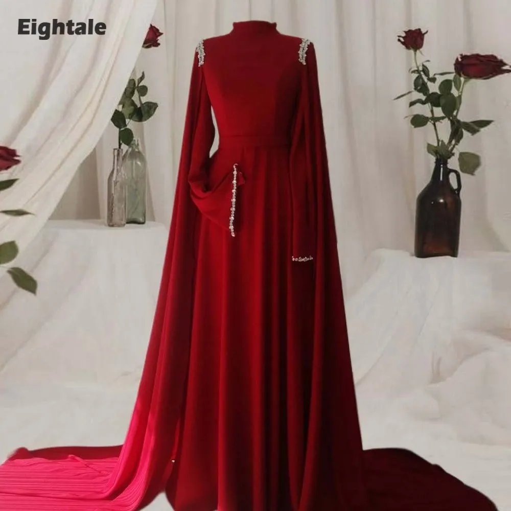 

Eightale Arabic Evening Dress O-Neck Beaded Long Sleeves Prom Gown Muslim Burgundy Customized Wedding Party Dress Mermaid
