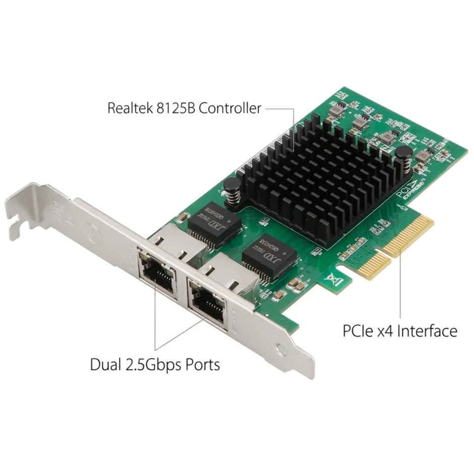 

Realtek 8125B Dual Port 2.5G PCIe Network Card 2.5Gbps Dual RJ45 Ethernet Adapter for Desktop/Server