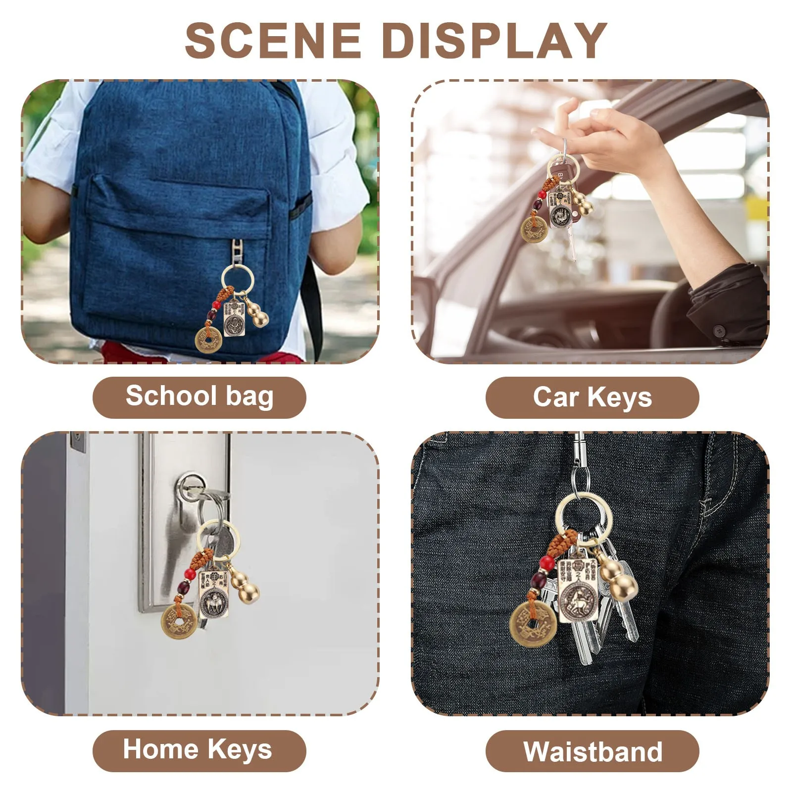 فنغشوي سلسلة مفاتيح مربع بوذا carde خمسة الأباطرة المال المفاتيح القرع قلادة النحاس النقي زودياك سيارة حلقة رئيسية هدية #6