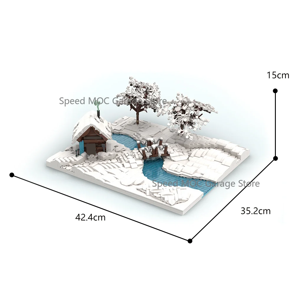 Snow Winter Cottage Scenery MOC Brick Set Frozen River Wooden Bridge Snow Tree Landscape DIY Building Ornament Model