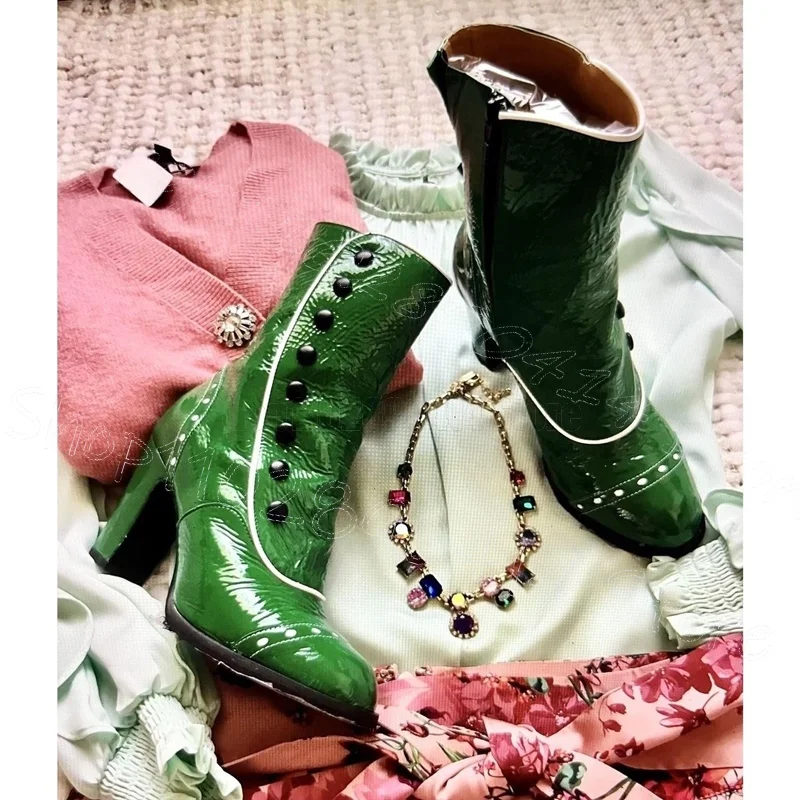 Green Button Carving Design Crack Pattern Boots Side Zipper Women Shoes Chunky High Heels Party Banquet 2026 Zapatos Para Mujere