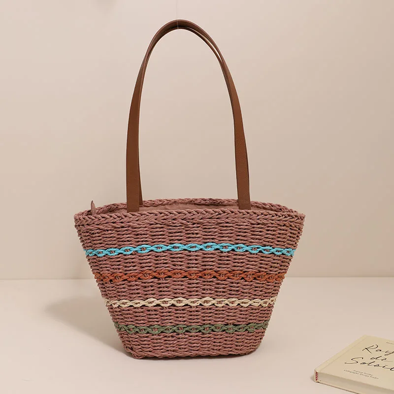 Sac fourre-tout tissé en paille bohème pour femme, sac à bandoulière de plage, sac d'épissure en cuir PU, sac à main de créateur de luxe décontracté pour femme, grande capacité