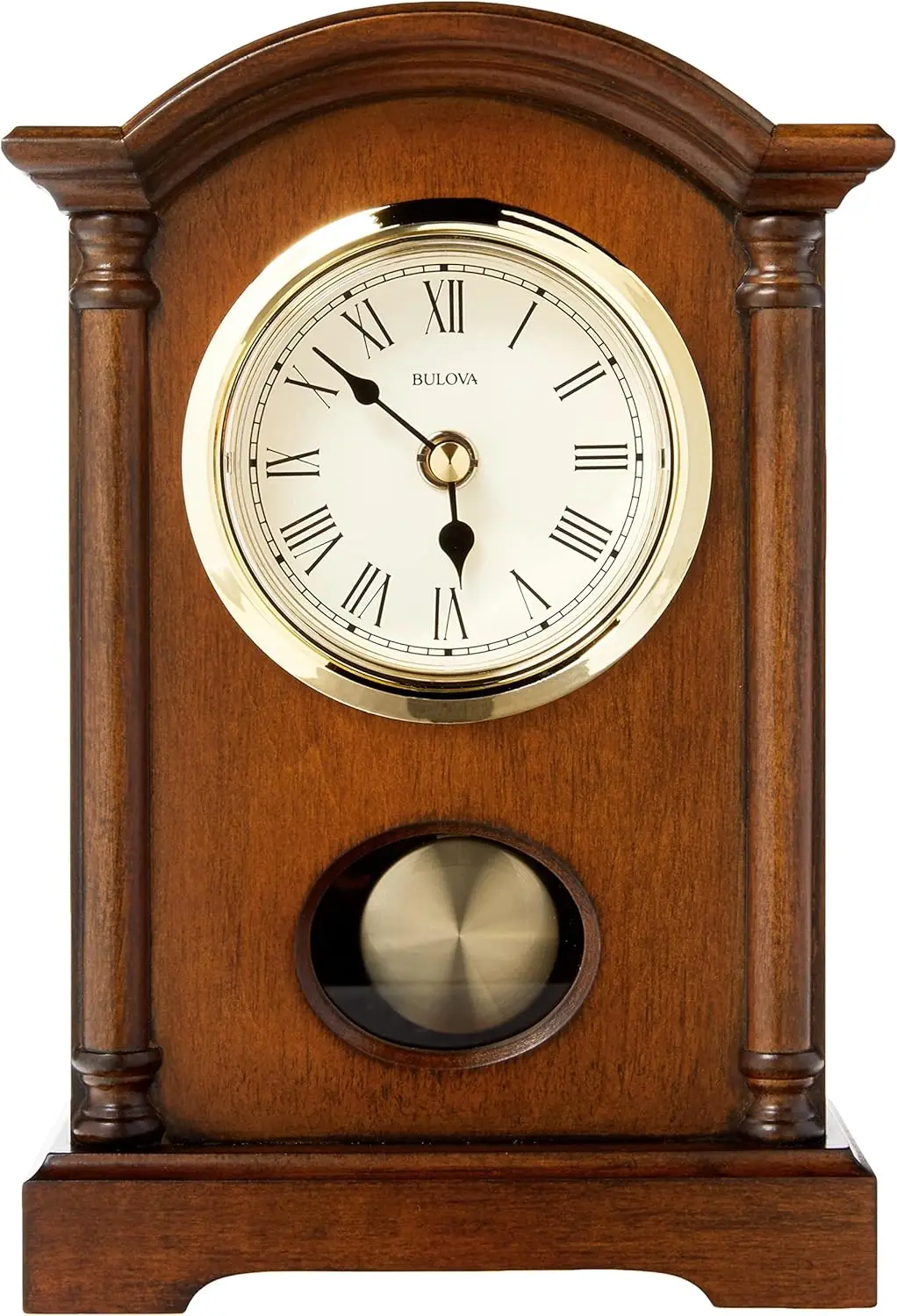 Pendulum Table Clock Walnut Finish Gold-Tone Accents Polished Goldstone Bezel